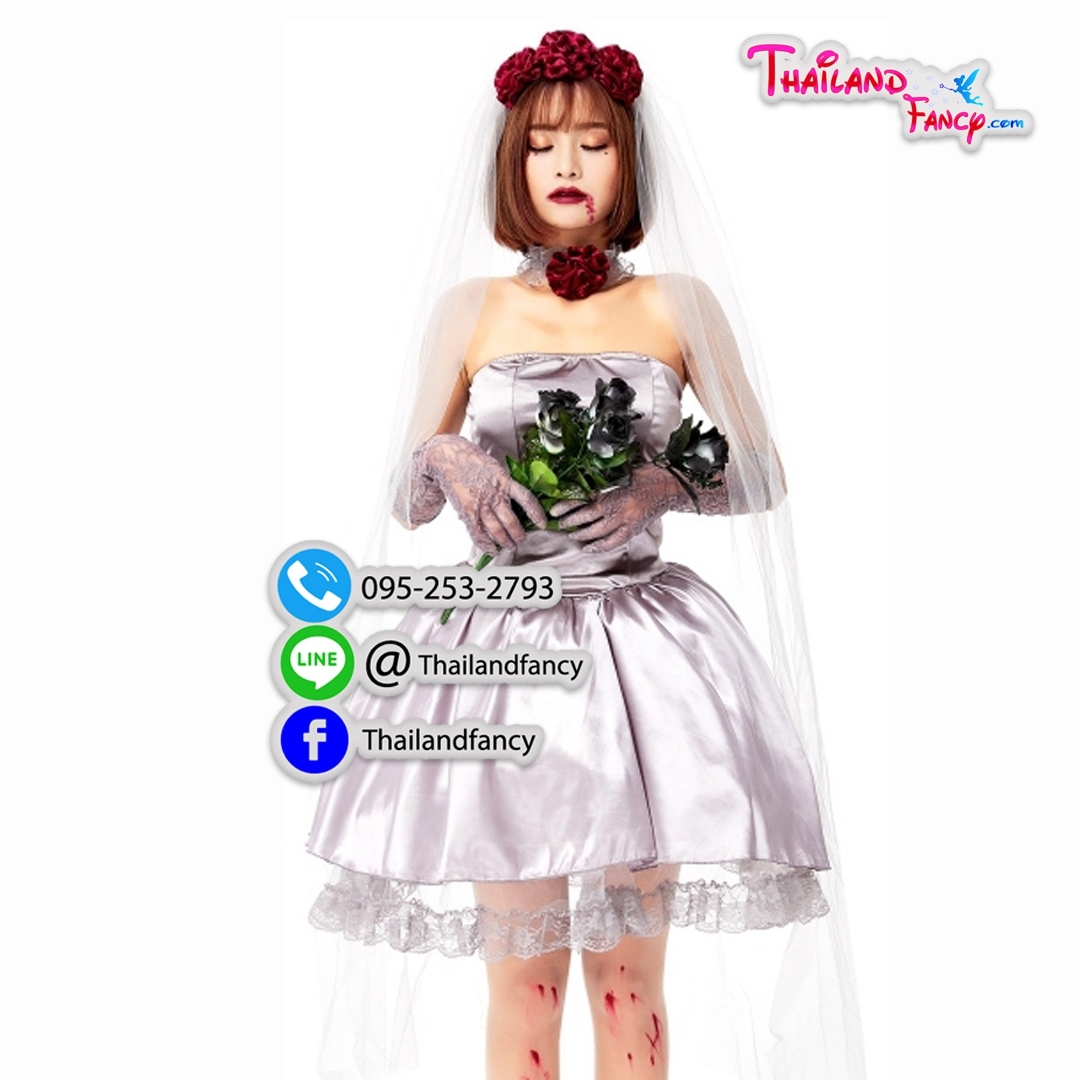 ชุดแฟนซีผีเจ้าสาว ชุดคอสเพลย์ซอมบี้ผู้หญิง ชุดเจ้าสาวผี Halloween Costume ชุดปีศาจสาว ชุดฮาโลวีน ชุดเจ้าสาวผีสีเทาดอกไม้แดง
