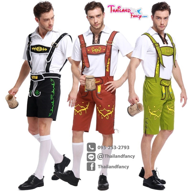 Cosplay Oktoberfest Beer ชุดแฟนซี ชุดเทศกาลเบียร์ ชุดบาวาเรีย ชุดคอสเพลย์ผู้ชายเสื้อขาวคอปกกางเกงเอี๊ยมสีน้ำตาลอ่อน