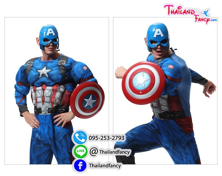 ชุดเช่าแฟนซีผู้ชาย ชุดซุปเปอร์ฮีโร่ผู้ชาย ชุดการ์ตูน ชุดกัปตันอเมริกาชาย ชุดอเวนเจอร์ Captain America Cosplay ชุดเช่ากัปตันอเมริกาแบบมีกล้ามพร้อมโล่ห์