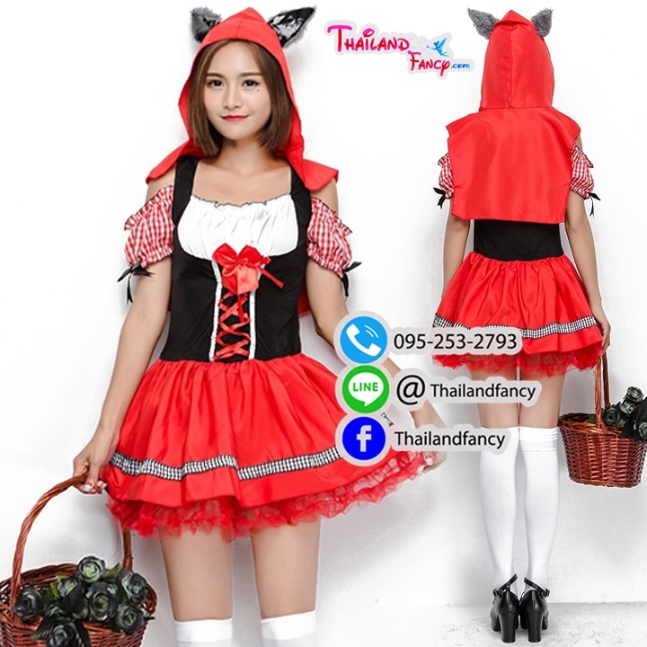 ชุดแฟนซี ชุดเมดหมีสีแดง ชุดแม่บ้านฮู้ทหมี ชุดหนูน้อยหมวกแดง Red Riding Hood Cosplay ชุดคู่หมาป่า ชุดการ์ตูนนู๋น้อยหมวกแดงแขนลายสก็อตสีแดงมีฮู้ท
