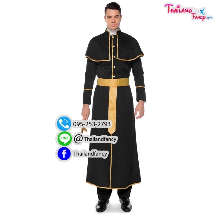 ชุดเช่าแฟนซีผู้ชาย (ชุดเช่า) ชุดคอสเพลย์นักบวช Priest Cosplay ชุดฮาโลวีน ชุดนักบวชคริสต์ ชุดบาทหลวงสีดำแต่งทองสัญลักษณ์ไม้กางเขน