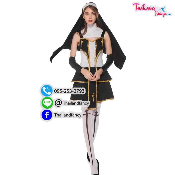 ชุดแฟนซีซิสเตอร์บาทหลวง The Nun Cosplay ชุดแม่ชีผี ชุดแม่ชีคริสต์ฝรั่ง ชุดฮาโลวีน ชุดแม่ชีสีดำแต่งทองสัญลักษณ์ไม้กางเขน