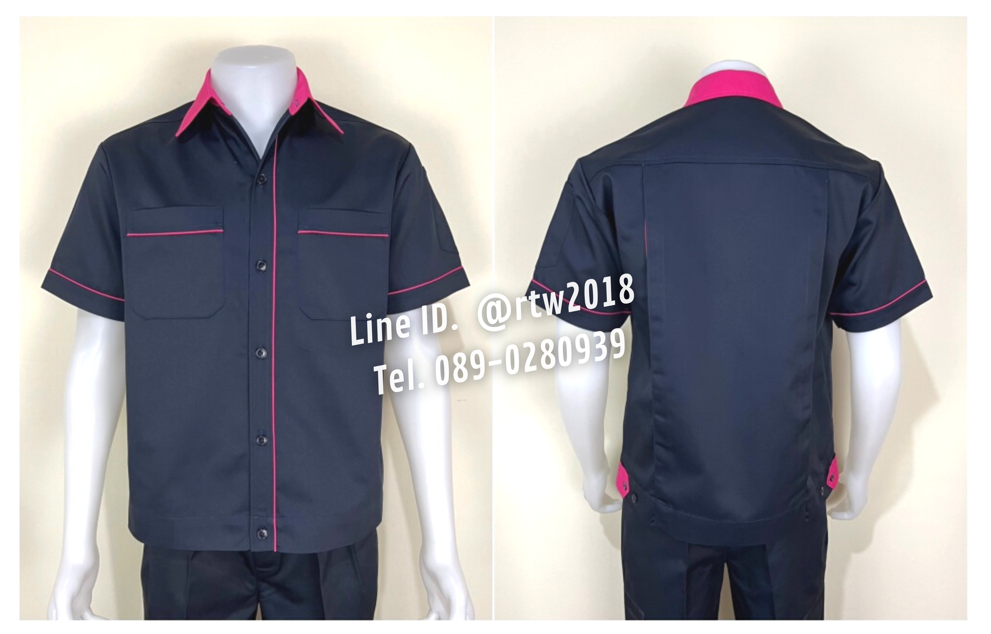 รหัส A6.11 : เสื้อช่างแขนสั้นผ้าคอมทวิวสีกรมท่ากุ้นชมพูเข้ม