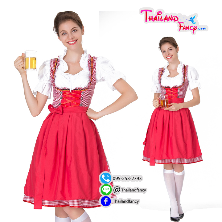 ชุดแฟนซีบาวาเรีย ชุดคอสเพลย์ ชุดเบียร์เยอรมัน Oktoberfest Costume ชุดเมดแม่บ้าน ชุดเทศกาลเบียร์ลายสก็อตสีขาวแดง