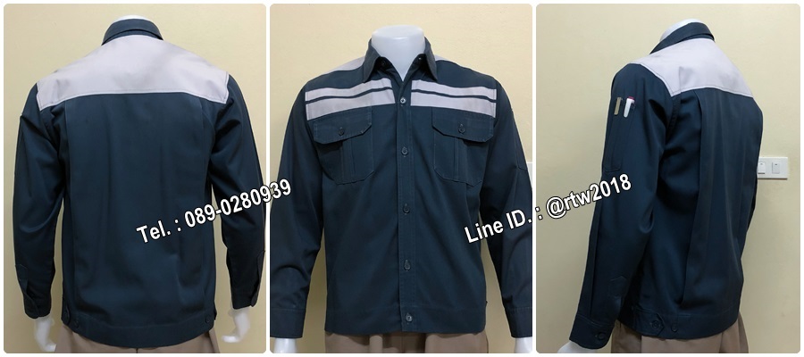 รหัส A64 : เสื้อช่างแขนยาวผ้าคอมแบบสีกรมคาดอกเทาคู่