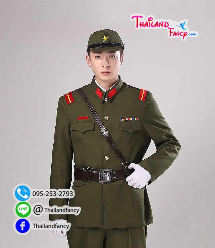 ชุดเช่าแฟนซีผู้ชาย ชุดเช่าทหารญี่ปุ่น ชุดนักรบชาย ชุดโกโบริ ชุดทหารสงครามโลก ชุดเช่านายทหารสีเขียวขี้ม้าแต่งแถบแดง