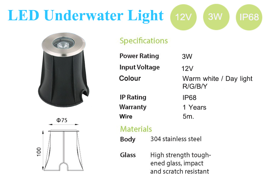 โคมไฟใต้น้ำ Underwater Light 12V 3W,6W,9W /24V 15W