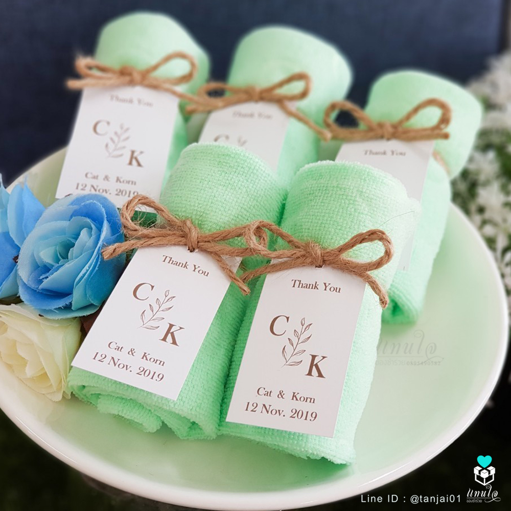 ของชำร่วยแต่งงาน ผ้าลายหมีพร้อมหูหิ้ว สีพาสเทล ป้ายชื่อผูกโบว์เชือกป่าน 💕เริ่มต้น 13 บาท💕 ผ้าขนาด 30x30 cm