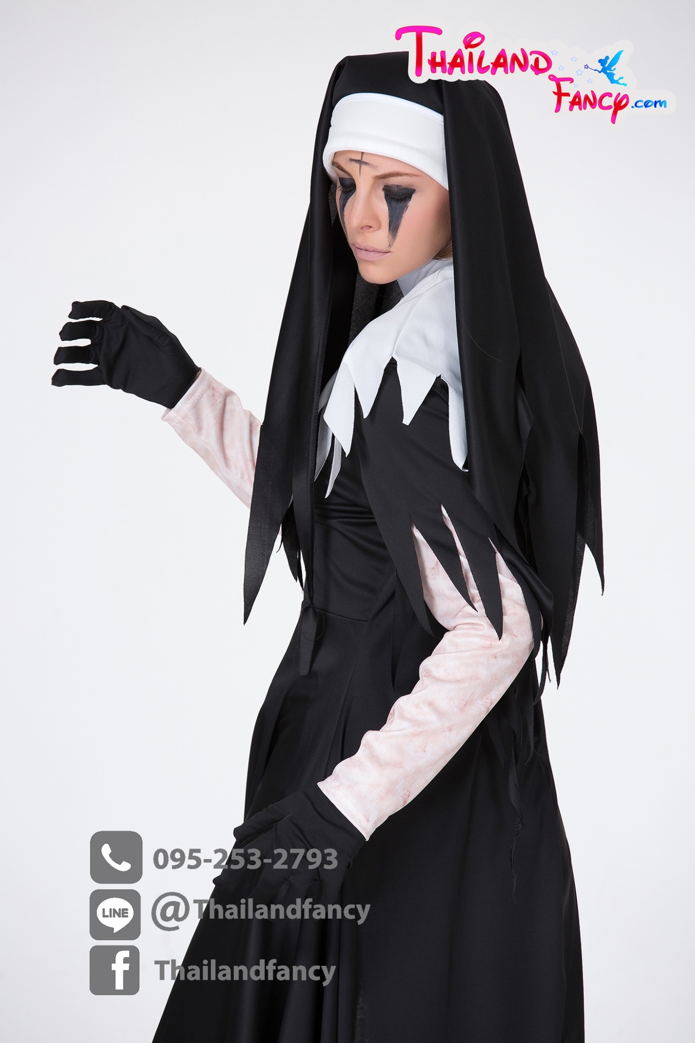 ชุดแฟนซีแม่ชีคริสต์ ชุดนักบวชผี ชุดซิสเตอร์บาทหลวง ชุดเดอะนันผี ชุดแม่ชีผี ชุดซอมบี้แม่ชีฝรั่ง ขาวดำปลายรุ่ย พร้อมผ้าคลุมศีรษะ