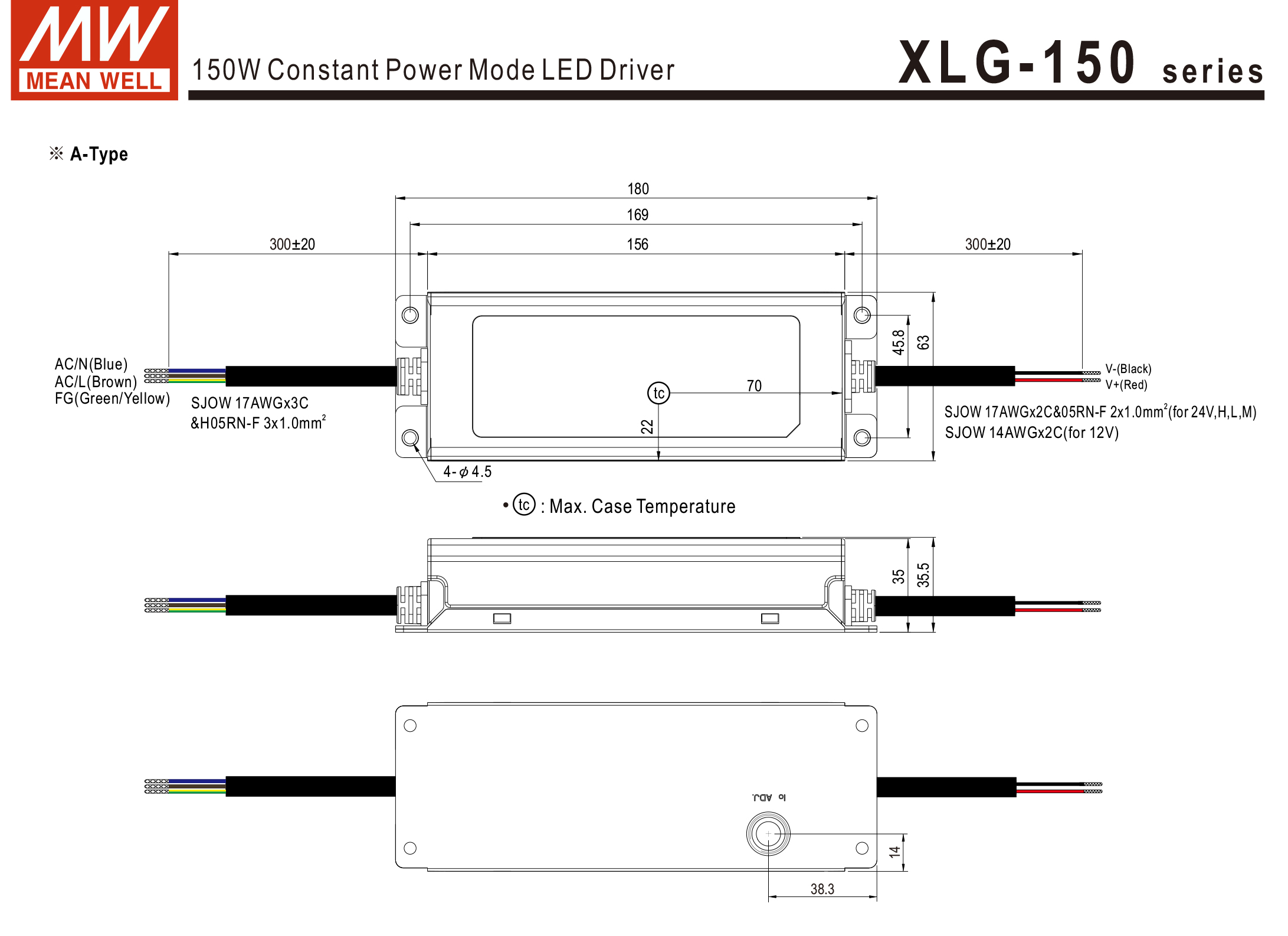 หม้อแปลง Constant Power LED Driver IP67 XLG series Meanwell 150W 12 / 24Vdc