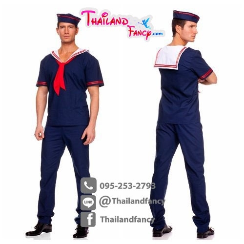 ชุดแฟนซีกะลาสีเรือชาย ชุดทหารเรือชาย ชุดอาชีพในฝัน กะลาสีป๊อปอาย ชุดคอสเพลย์กะลาสีชายชุดน้ำเงินปกทหารเรือขาวขอบแดง พร้อมหมวกป๊อบอาย