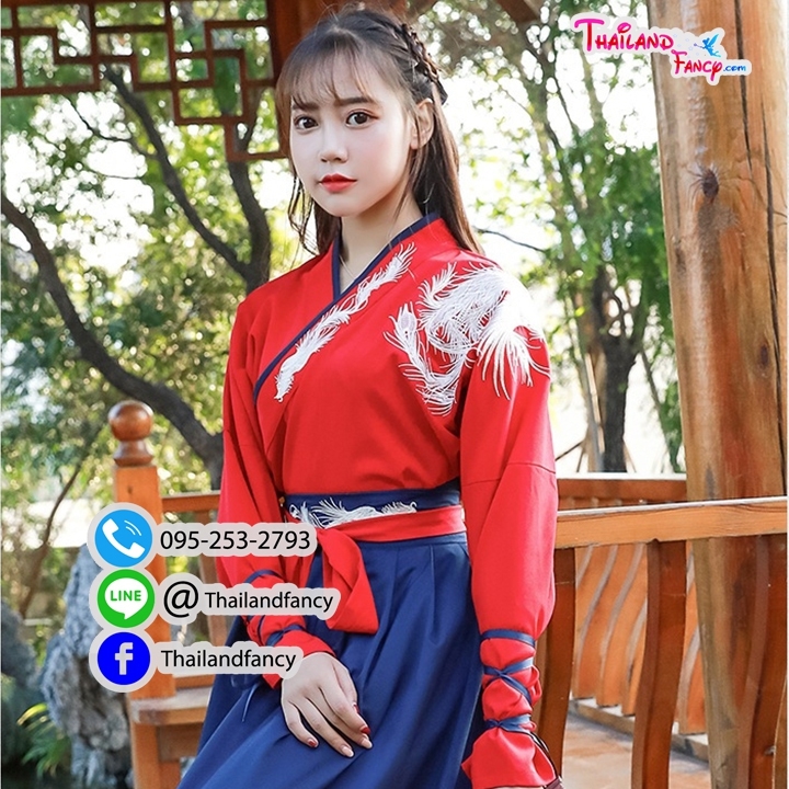 ชุดเช่าแฟนซีผู้หญิง เช่าชุดจอมยุทธ์ ชุดจีนโบราณหญิง ชุดเจ้ายุทธจักร ชุดจีนกำลังภายในผู้หญิง ชุดเช่าจอมยุทธจีนเสื้อสีแดงแต่งลายปักโปรงน้ำเงิน
