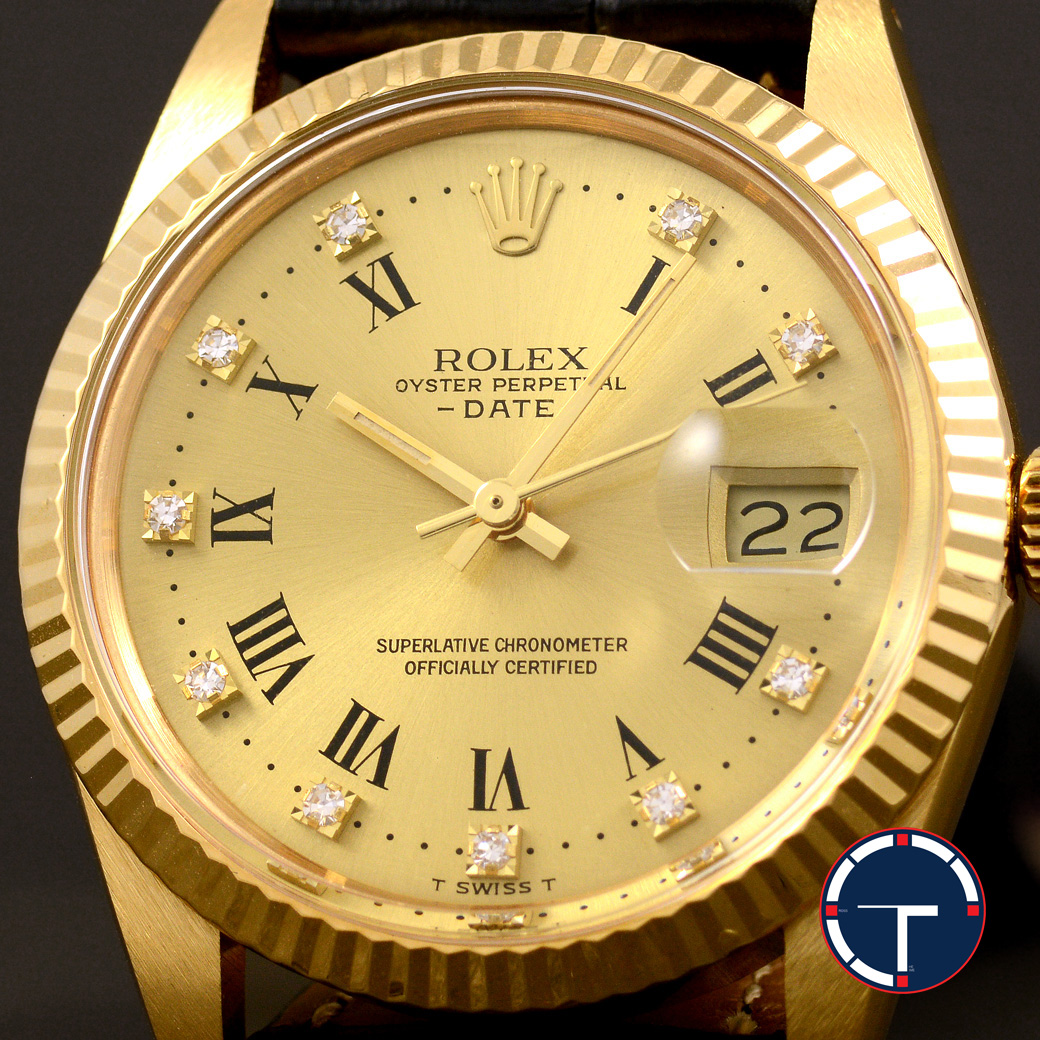 Rolex Date Ref.15038 หน้าปัดสีทอง หลักชั่วโมงเลขโรมันหลักเพชร ตัวเรือนทองคำ18K ก้นเขียว นาฬิกาปี1986 Automatic ขนาด 34 mm