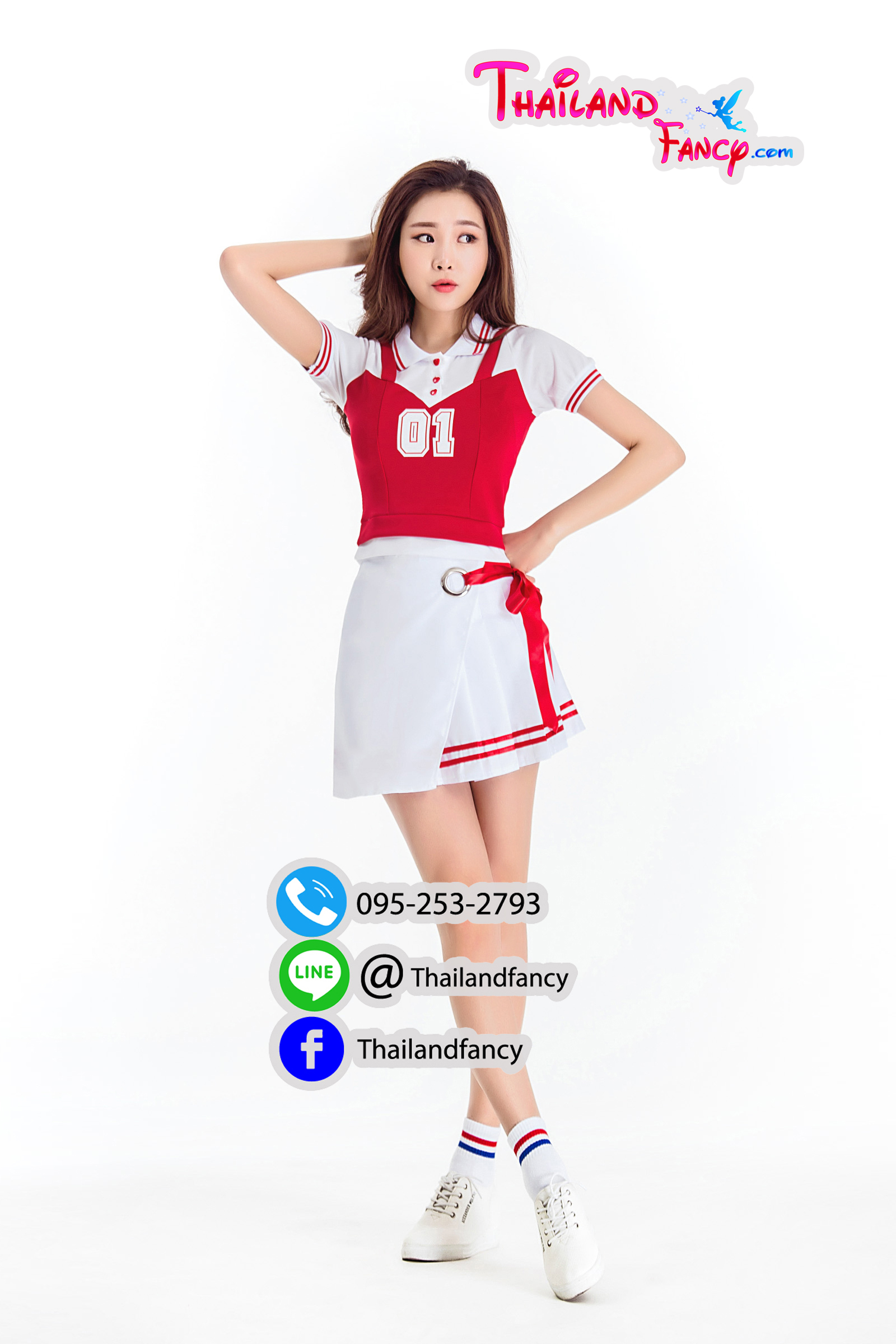 ุชุดแฟนซี ชุดเชียร์กีฬา ชุดปอมปอมเชียร์ Cheerleader ชุดปาร์ตี้ ชุดกีฬาสีบริษัท ชุดคอสเพลย์เชียร์ลีดเดอร์ สีขาว-แดง โปรงจีบผูกโบว์แดง