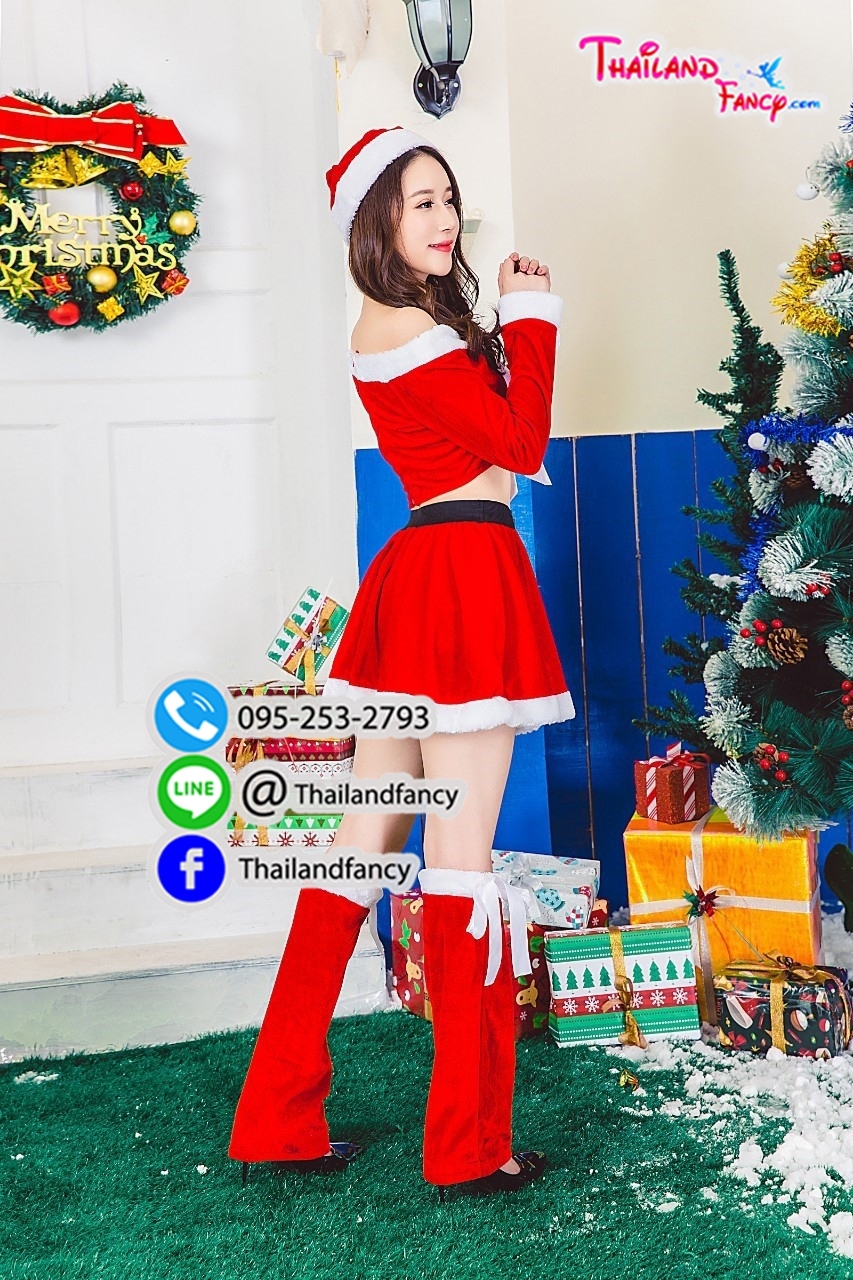 ชุดแฟนซีแซนตี้ ชุดซานต้าผู้หญิง ชุดคริสต์มาส ชุดซานตารีน่า ชุดปาร์ตี้ปีใหม่ ชุดซานตี้ ชุดเดรสแซนตี้เอวลอยแขนยาว พร้อมถุงขา