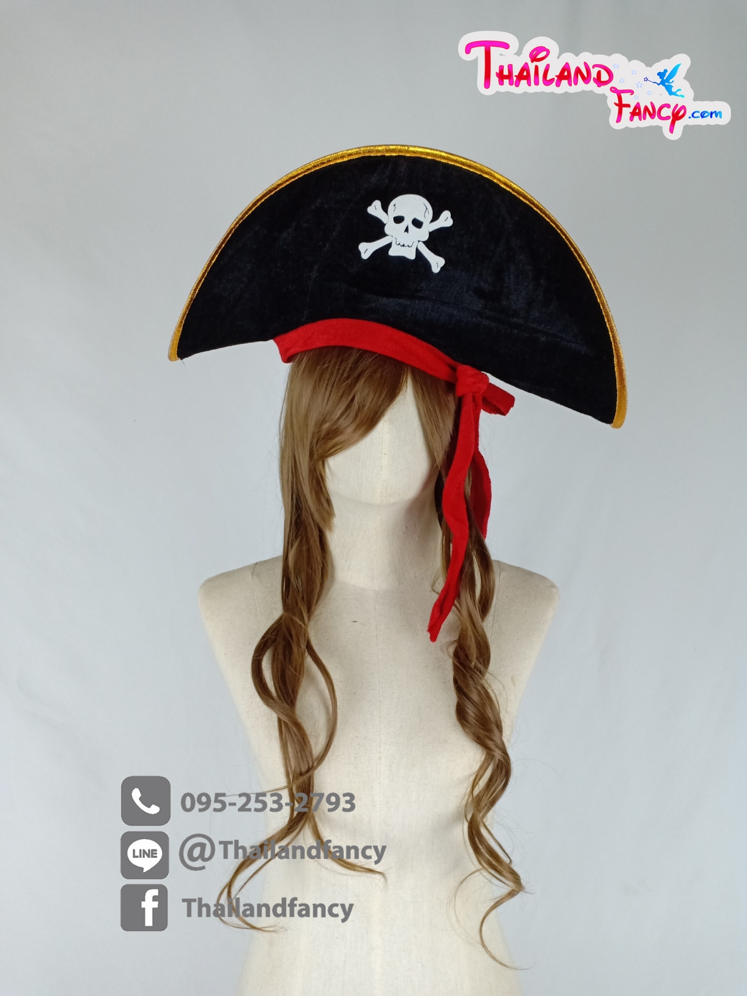 อุปกรณ์คอสเพลย์ อุปกรณืแฟนซี หมวกแฟนซีโจรสลัด หมวกโจรแคริเบียน Pirate Hat Cosplay หมวกโจรสลัดรุ่นกำมะหยี่ดำสายแดง