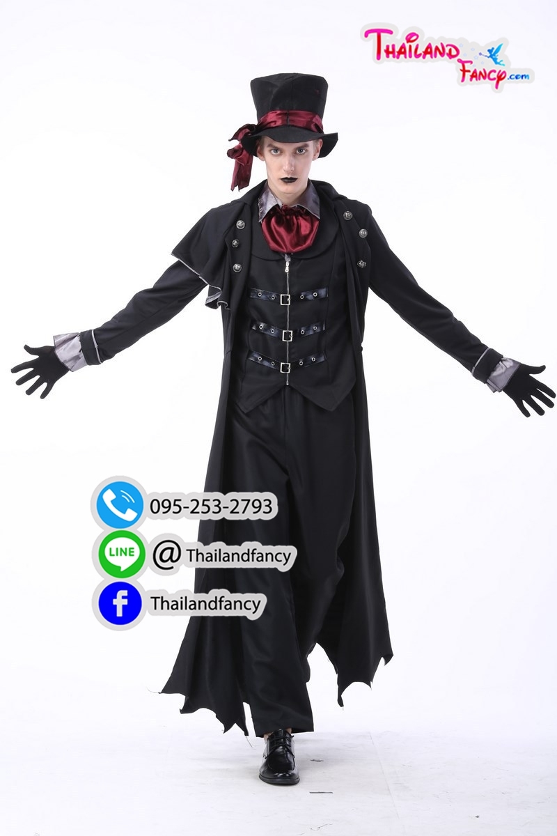 ชุดเช่าแฟนซีผู้ชาย ชุดท่านเค้าแดร็กคูล่า ชุดซอมบี้ ชุดแวมไพร์ผู้ชาย Halloween Night Party ชุดปีศาจแดร็คคูล่าดำแดง