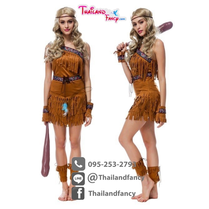 ชุดโบฮีเมียน ชุดคอสเพลย์ ชุดอินเดียน่าเกิร์ล ชุดอินเดียแดงหญิง ชุดแฟนซีหญิงมนุษย์ถ้ำ มนุษย์หิน ชนเผ่า เดรสสีน้ำตาลแขนเดี่ยวแต่งพู่ทั้งชุด