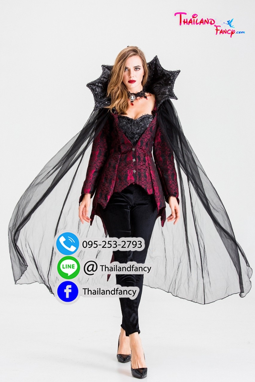 ชุดแฟนซีแวมไพร์ ชุดคอสเพลย์แวมไพร์ Cosplay Halloween ชุดแวมไพร์หญิง ชุดสาวแวมไพร์ ชุดแดร็กคูล่าหญิง ชุดสาวแดร็กคูล่า ชุดราชินีแวมไพร์ดำแดงพร้อมปกคอตั้ง สำเนา