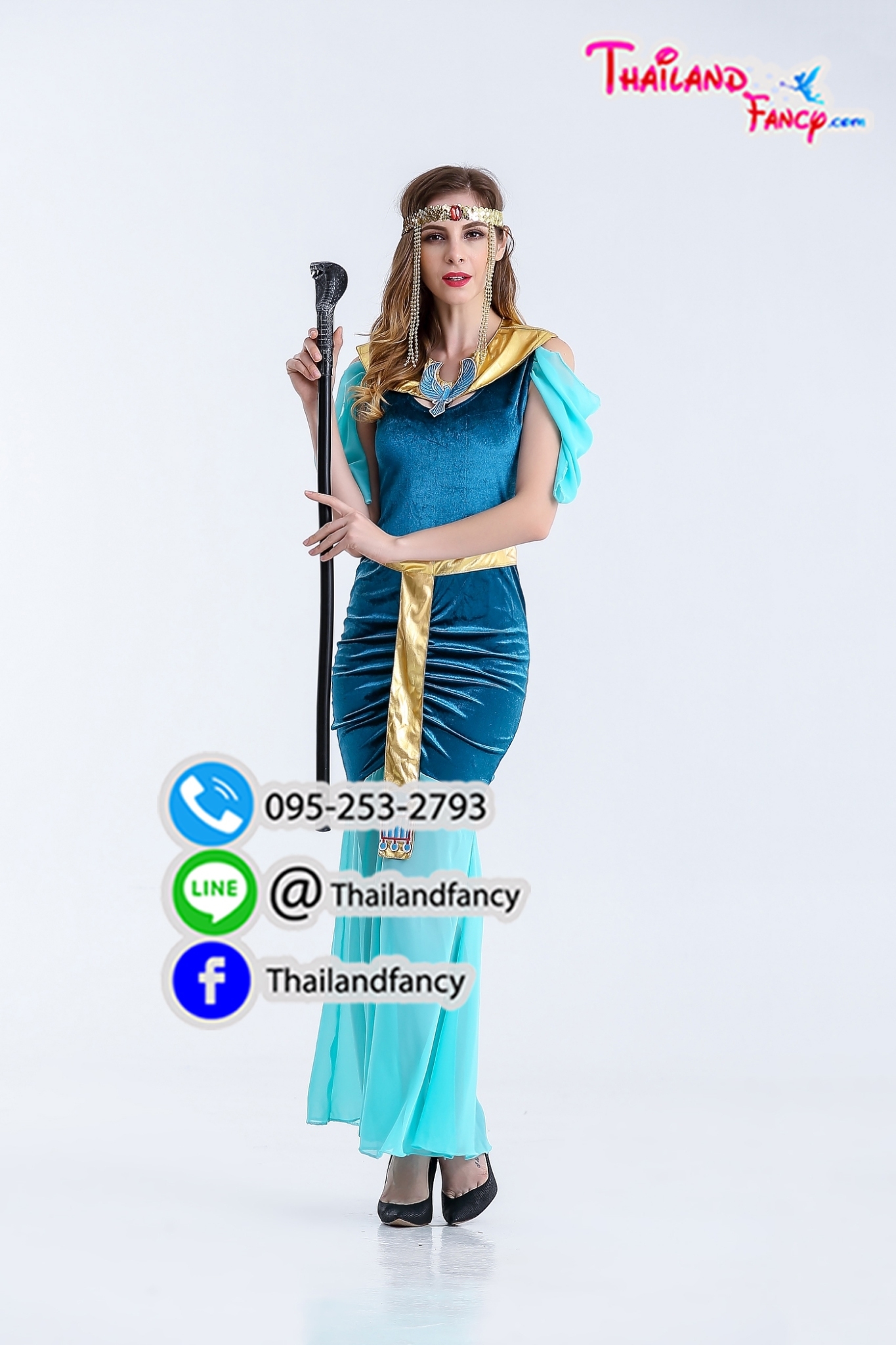ชุดแฟนซีผู้หญิง Cleopatra Cosplay ชุดเทพเจ้ากรีก ชุดเทพธิดากรีก ชุดอียิปต์ ชุดคลีโอพัตรา ชุดโรมันหญิง เดรสสีฟ้าแต่งทอง