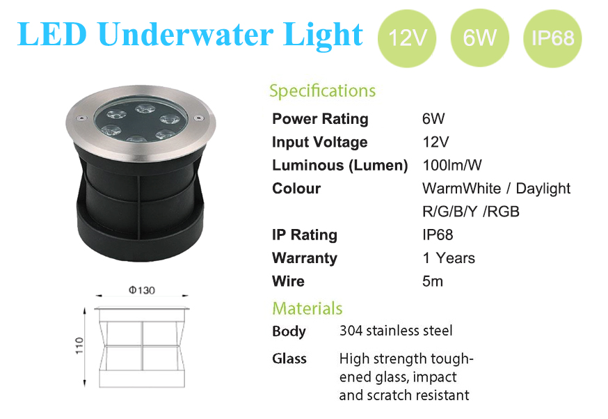โคมไฟใต้น้ำ Underwater Light 12V 3W,6W,9W /24V 15W