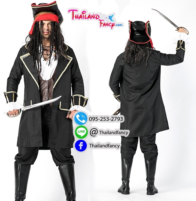ชุดเช่าแฟนซีผู้ชาย ชุดเช่าโจรสลัดชาย ชุดเช่ากัปตันแจ๊คสแปร์โรว์ Pirate Jack Sparrow Cosplay เสือโค้ทดำเสื้อกั๊กหนังน้ำตาล