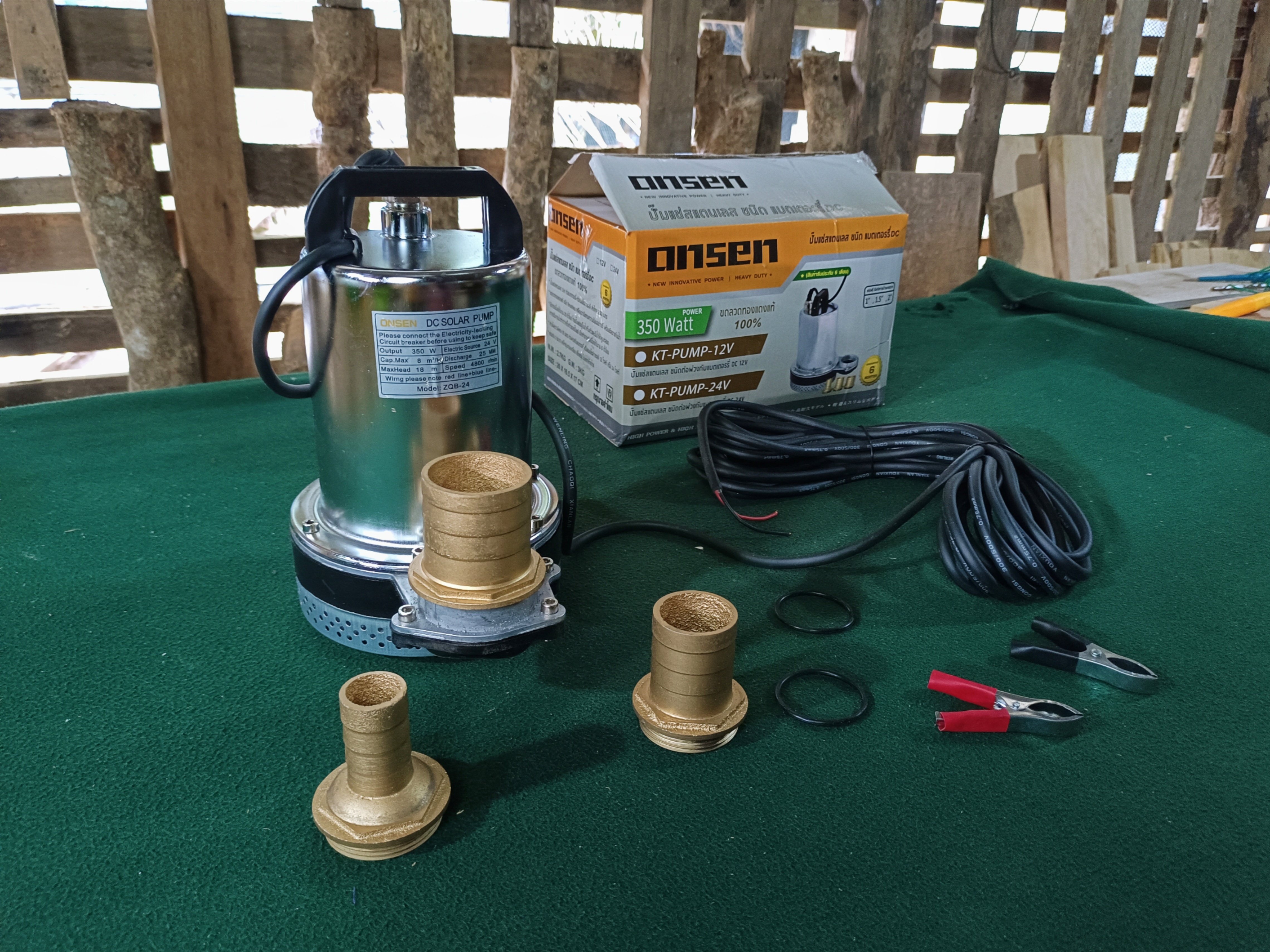ปั้มไดโว่ แสตนเลส Onsen 24V แถมตัวคีบแบต 1 คู่ ท่อ 3 ขนาด แบบทองเหลือง สายยาว 5 เมตร