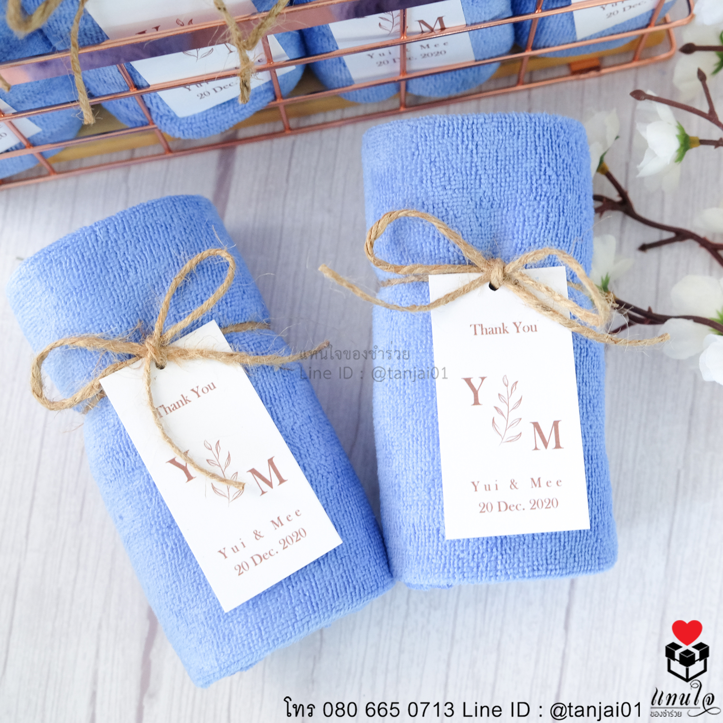ของชำร่วยงานแต่ง ของแจกงานแต่ง ของที่ระลึกงานแต่ง ผ้านาโนม้วนผูกเชือกป่าน สีฟ้า สีขาว สีเขียว สีชมพู 02