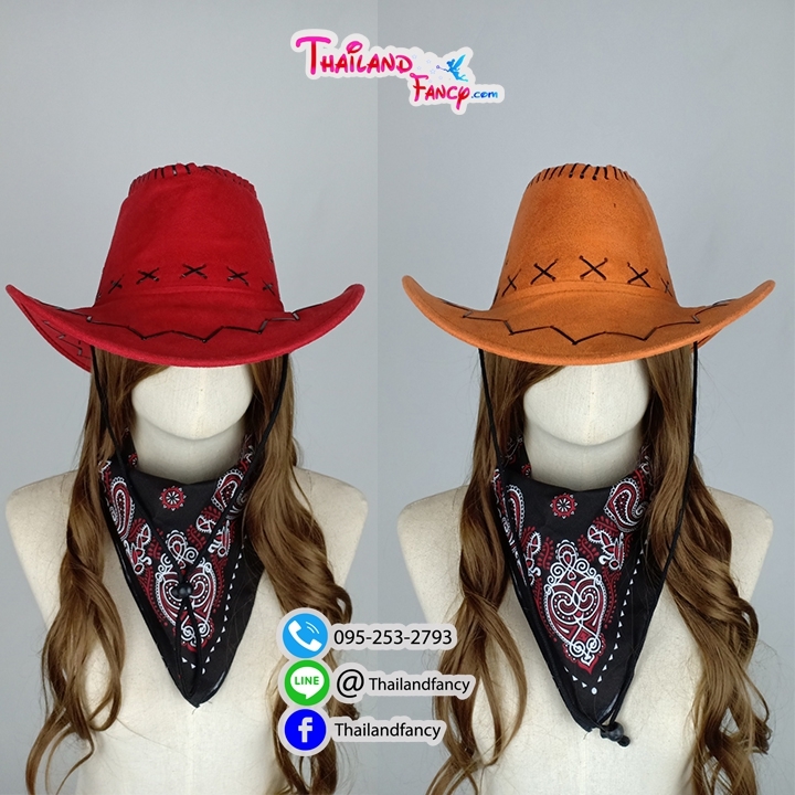 อุปกรณ์คอสเพลย์ อุปกรณืแฟนซี หมวกแฟนซีหนังเทียม หมวกหนังคาวบอย Cowboy Hat Cosplay หมวกคาวเกิร์ล หมวกหนังกลับ พร้อมผ้าพันคอคาวบอย