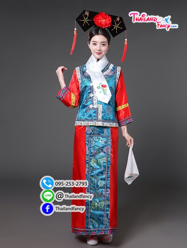ชุดเช่าแฟนซีผู้หญิง ชุดจีนกำลังภายใน ชุดแฟนซีซูสีไทเฮา ชุดคู่ฮ่องเต้ ชุดราชวงศ์หนังจีน ชุดเช่าฮองเฮาจีนสำหรับผู้หญิง สีแดงสดกั๊กฟ้าครามแต่งลายจีน