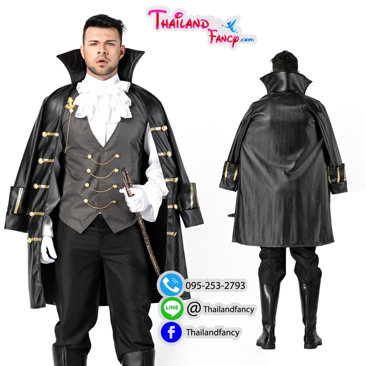 ชุดแฟนซีผู้ชายสำหรับเช่า ชุดแวมไพร์ผู้ชาย ชุดท่านเคาท์ ผีแดร๊กคูล่า Count Dracula Cosplay โค้ทปกตั้งหนังดำกั๊กเทา