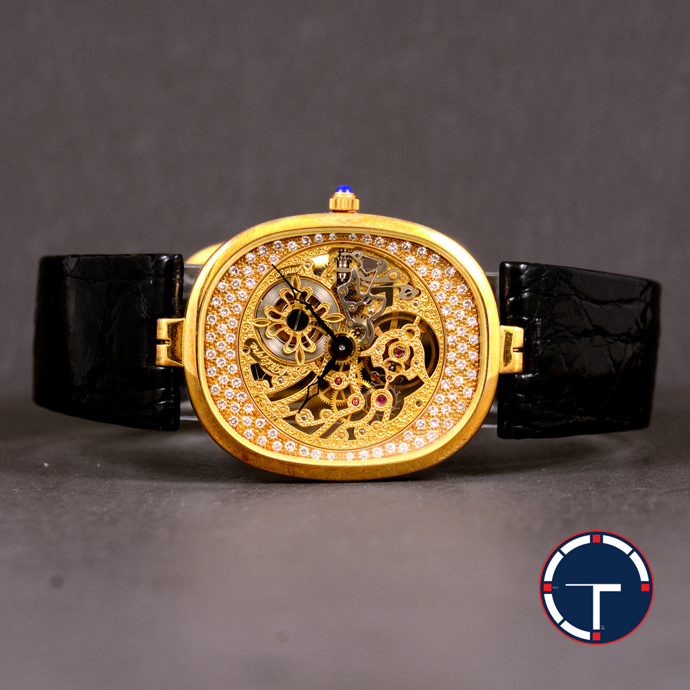 **ขายแล้ว** Patek Philippe Golden Ellipse Ref.3881 หน้าปัดทองคำแกะสลัก ฝังเพชร ตัวเรือนทองคำ หลังเปลือยทองคำแกะสลัก สายหนังแท้ หัวเข็มขัดแท้ ไขลาน ขนาด 32 x 27 mm