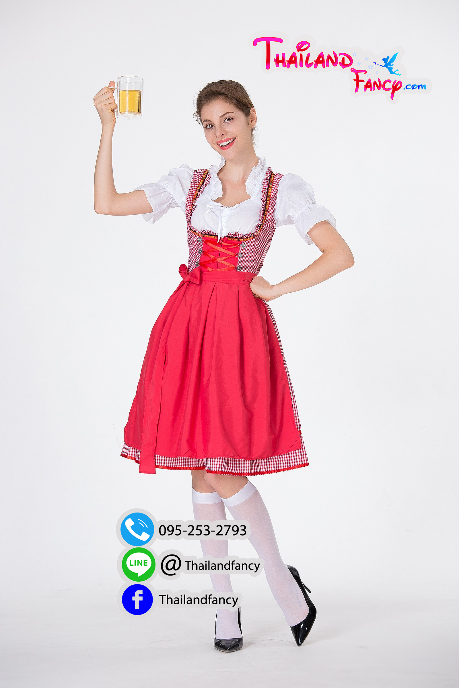 ชุดแฟนซีบาวาเรีย ชุดคอสเพลย์ ชุดเบียร์เยอรมัน Oktoberfest Costume ชุดเมดแม่บ้าน ชุดเทศกาลเบียร์ลายสก็อตสีขาวแดง