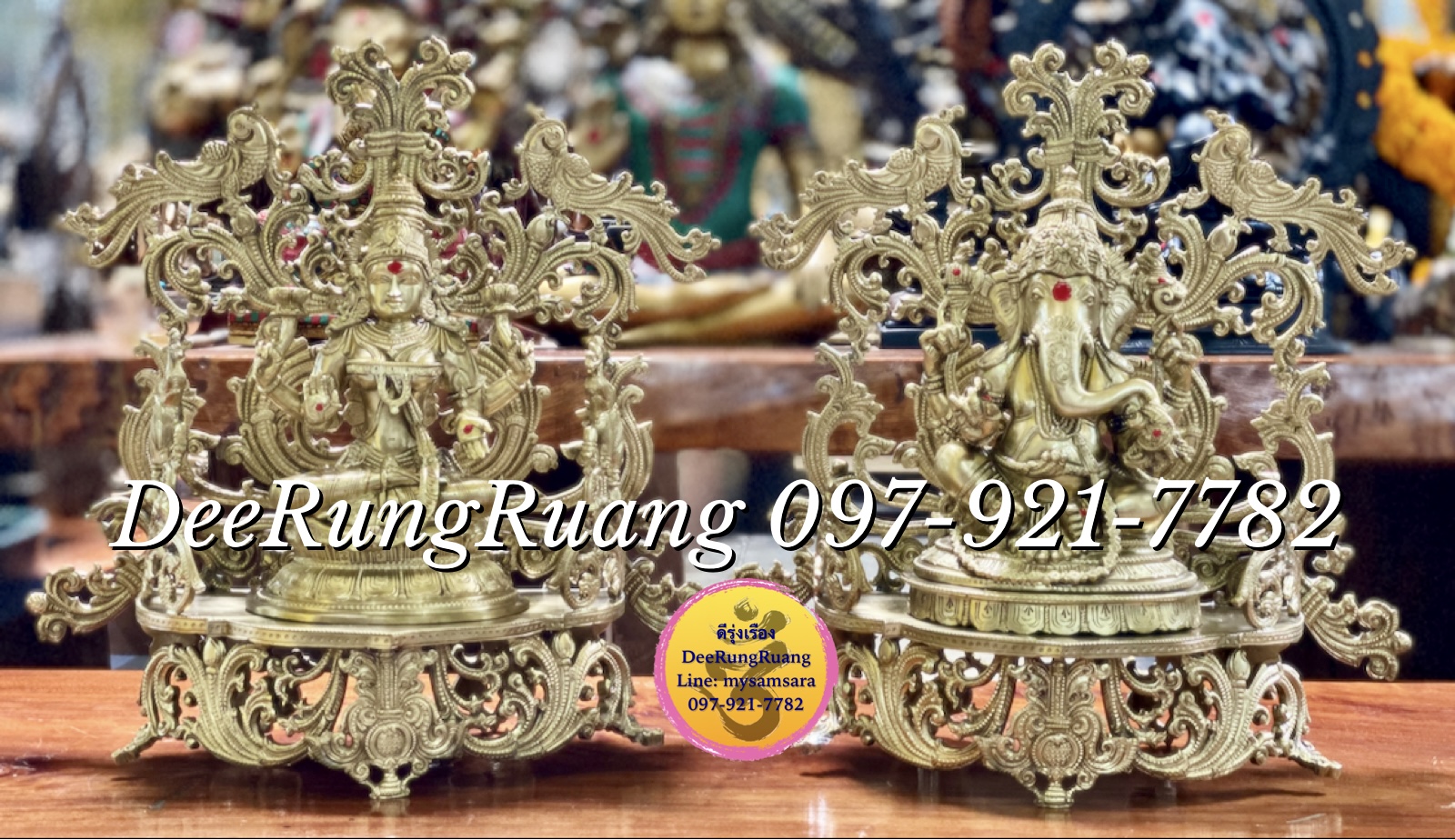 พระพิฆเนศ และ พระแม่ลักษมี ประทับบัลลังก์แกะลาย ***South India Statues***