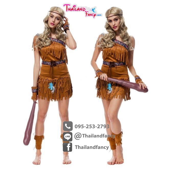 ชุดโบฮีเมียน ชุดคอสเพลย์ ชุดอินเดียน่าเกิร์ล ชุดอินเดียแดงหญิง ชุดแฟนซีหญิงมนุษย์ถ้ำ มนุษย์หิน ชนเผ่า เดรสสีน้ำตาลแขนเดี่ยวแต่งพู่ทั้งชุด