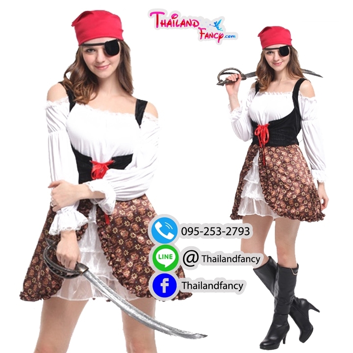 ชุดแฟนซีโจรสลัดสาว Pirate Costume ชุดโจรสลัดแจ๊คสแปร์โรว์ผู้หญิง ชุดปาร์ตี้ฮาโลวีน ชุดโจรสลัดขาวดำ กระโปรงลาย