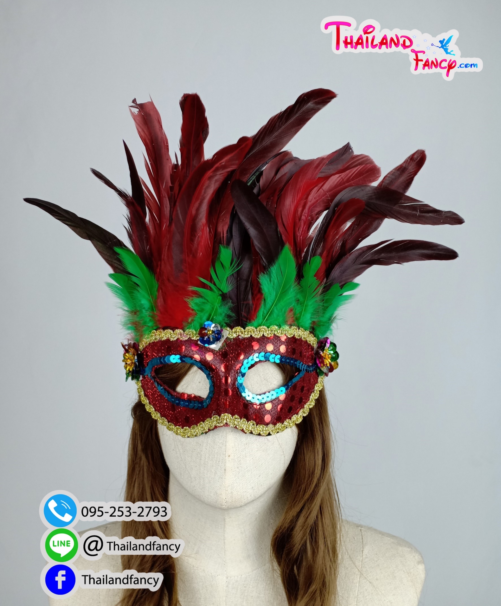 อุปกรณ์คริสต์มาส อุปกรณืแฟนซี หน้ากากแฟนซี หน้ากากขนนก หน้ากากปาร์ตี้ปีใหม่ หน้ากากอินเดียแดง หน้ากากสีแดงแซมเขียวแต่งเกร็ด