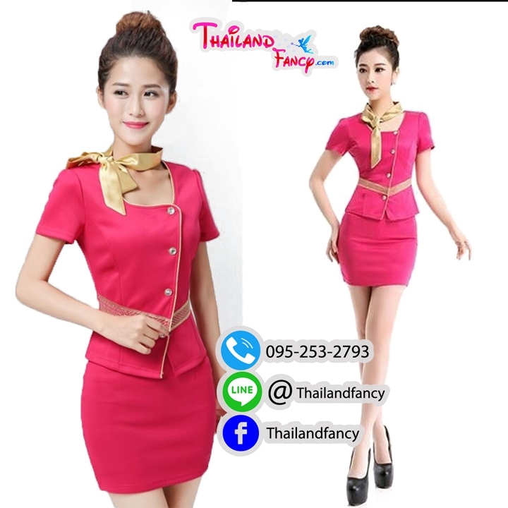 ชุดยูนิฟอร์ม Cosplay Air Hostess ชุดสาวสายการบิน ชุดแอร์โฮสเตท ชุดพนักงานต้อนรับ ชุดแฟนซีสาวแอร์สีชมพูสดคอเหลี่ยมแต่งขลิบทองพร้อมผ้าพันคอ