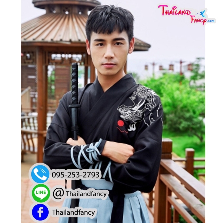 ชุดเช่าแฟนซีผู้ชาย เช่าชุดจีนโบราณ ชุดแฟนซีนานาชาติ ชุดจอมยุทธ์ชาย ชุดเจ้ายุทธภพ ชุดนานาชาติ ชุดจีนกำลังภายใน ชุดเช่าจีนกำลังภายในผู้ชายเสื้อสีดำโปรงเทา