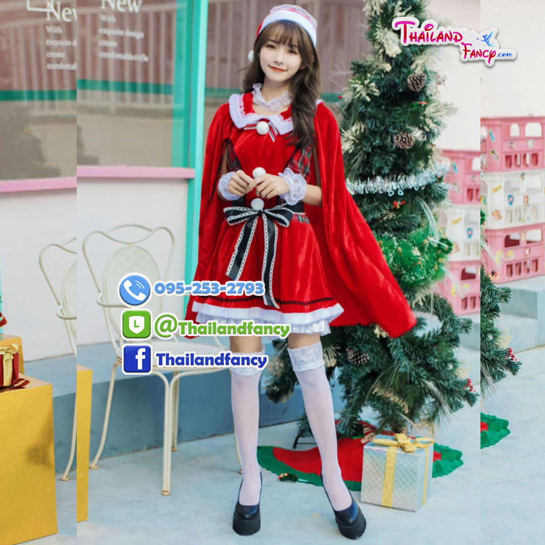 ชุดคอสเพลย์แซนตี้ ชุดซานต้าผู้หญิง ชุดแฟนซีปีใหม่ ชุดคริสต์มาสลายสก็อต ชุดซานตาครอสผู้หญิง ชุดซานตารีน่าเดรสสั้นมีผ้าคลุมหลังในตัว
