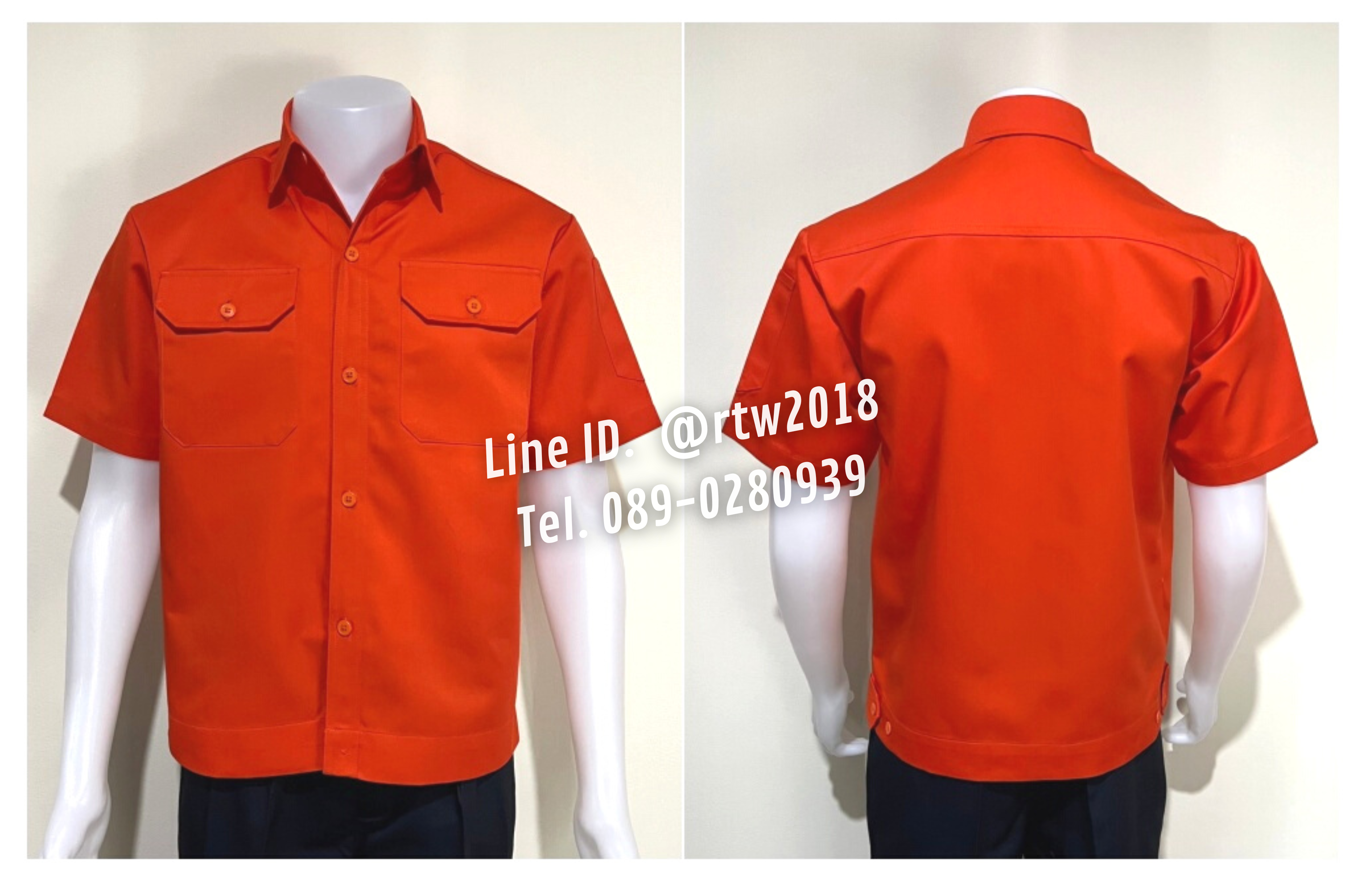 รหัส A2.3 : เสื้อช่างแขนสั้นผ้าคอมทวิวสองกระเป๋าที่อกสีส้มล้วน