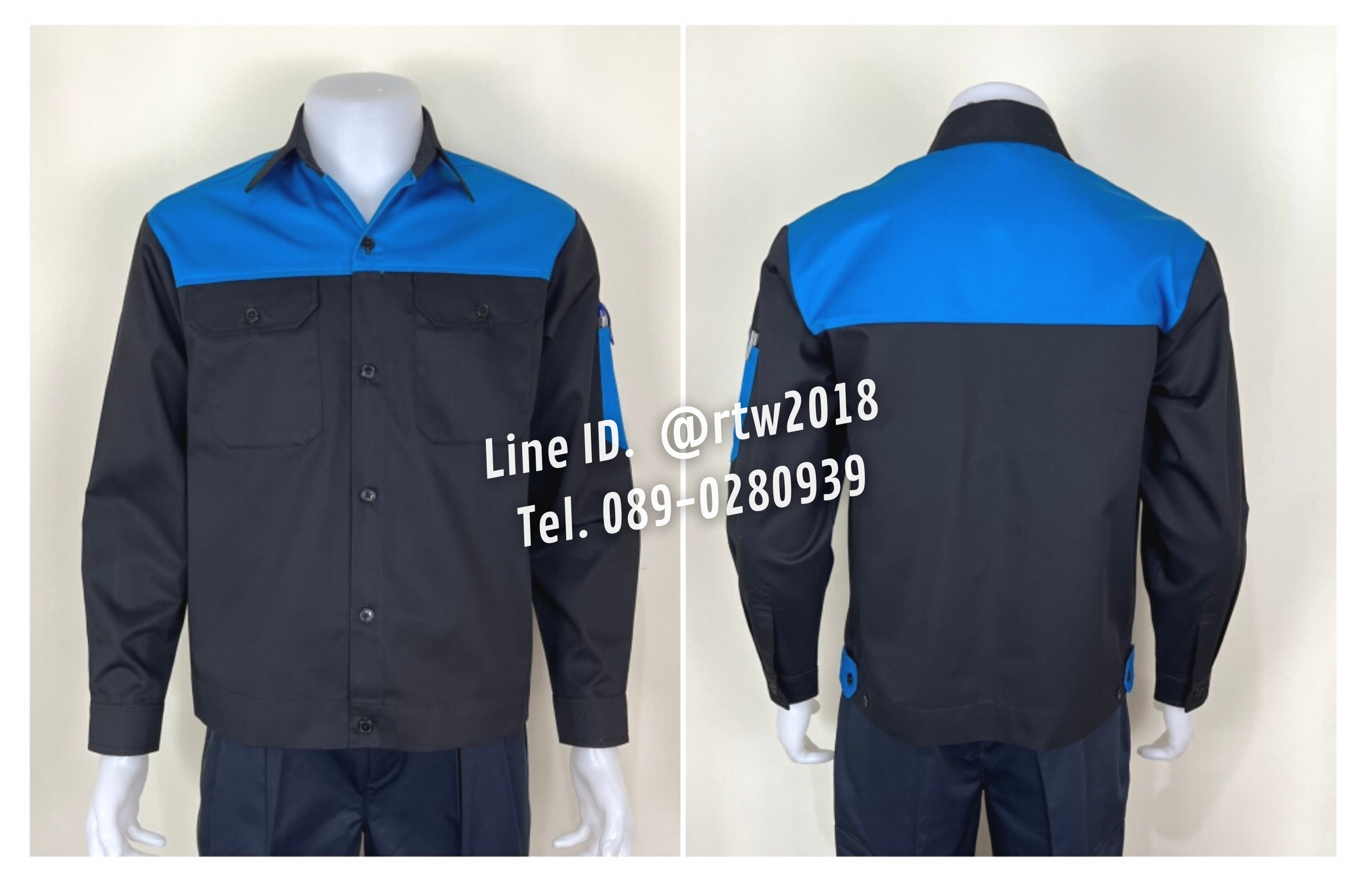 รหัส AB16.5 : เสื้อช่างแขนยาวผ้าคอมทวิวสีดำอกฟ้าเข้ม