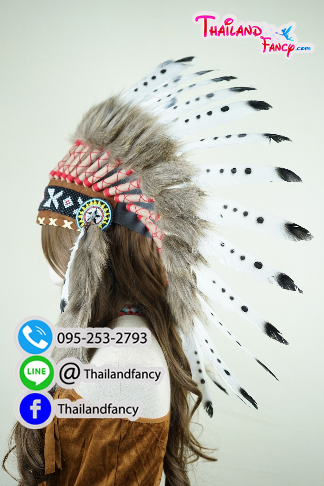 เช่าอุปกรณืแฟนซี หัวขนนกแฟนซี เช่าหัวขนนกอินเดียแดงแฟนซี หัวชนเผ่าขนนก หัวโบฮีเมี่ยน หมวกอินเดียแดงขนนกหัวหน้าเผ่ารุ่นลายจุด