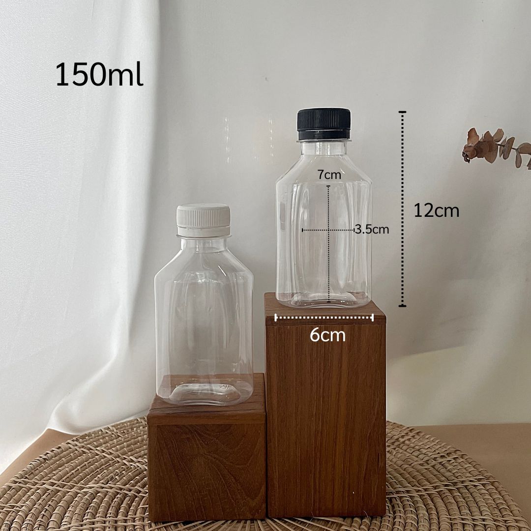 (แพคละ150ใบ)ขวดพลาสติก150mlรุ่นแบนจิ๋ว +ฝาพลาสติก30mm