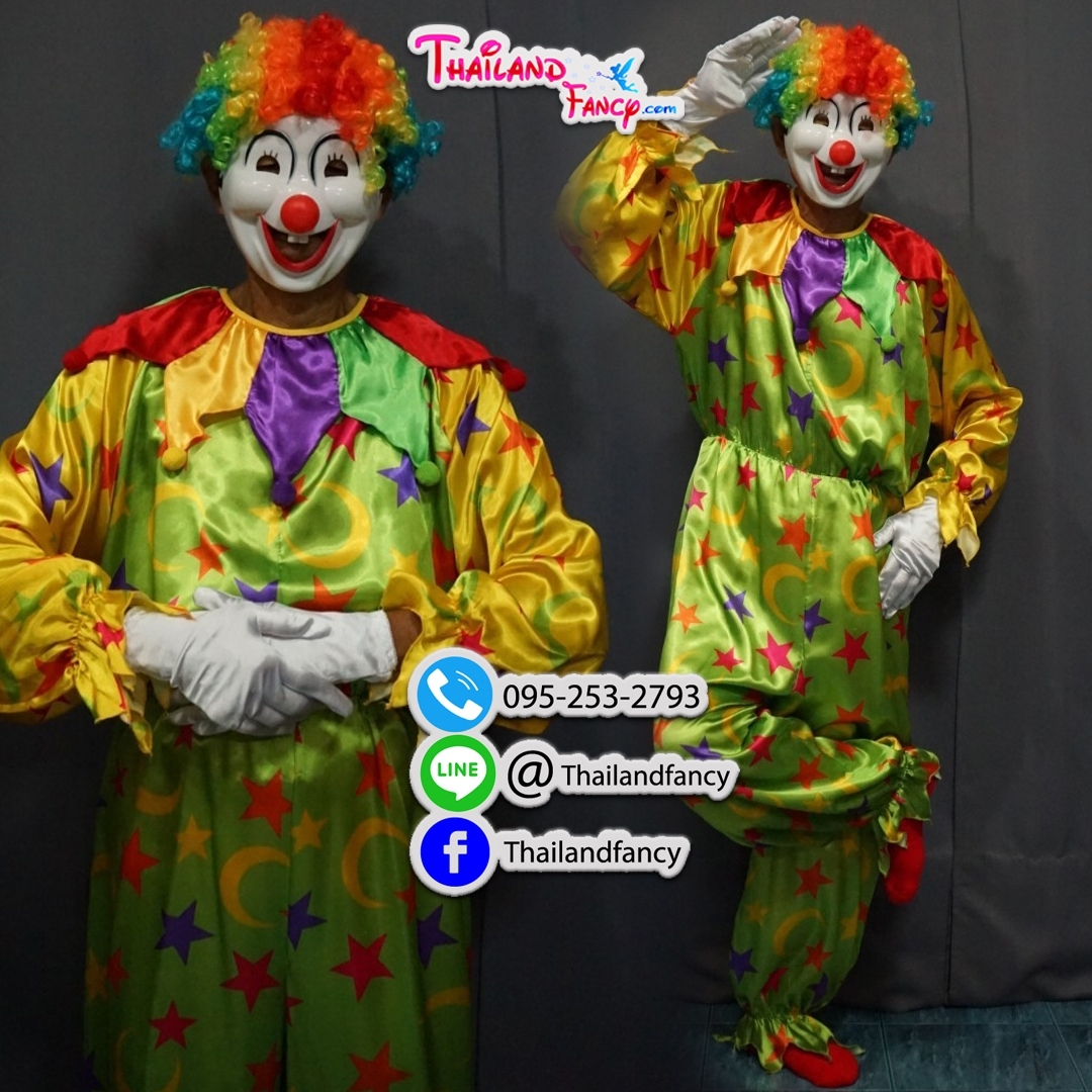 ชุดเช่าแฟนซีผู้ชาย ชุดเช่าการ์ตูน ชุดตัวตลกเป่าลูกโป่ง Joker Cosplay ชุดโจ๊กเกอร์แฟนซีผู้ใหญ่ ชุดแฟนซีตัวตลกโบโซ่ลายดาวสีเขียวเหลืองพร้อมวิกโบโซ่หัวฟูหลากสี