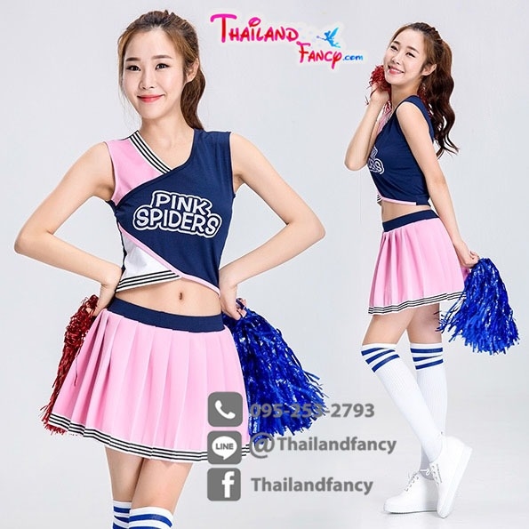 ชุดแฟนซีเชียร์กีฬา Cheerleader Pom Pom Cosplay ชุดปอมปอมเชียร์ ชุดเชียร์หรีดเดอร์ สีชมพู-น้ำเงิน กระโปรงจีบ