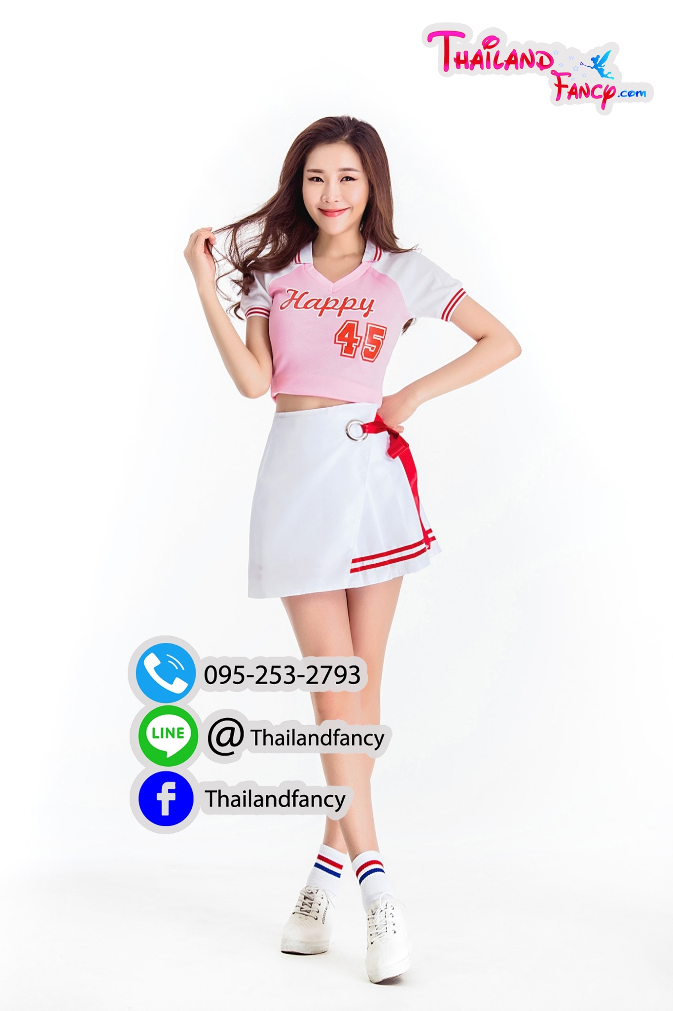 ชุดแฟนซีปอมปอม ชุดเชียร์ลีดเดอร์ ชุดเชียร์กีฬาสี Cheerleader Cosplay ชุดปอมปอมเชียร์กีฬา ชุดปาร์ตี้บริษัท ชุดกีฬาสีออฟฟิศ เสื้อสีชมพู แขนสีขาว กระโปรงผูกโบว์แดง