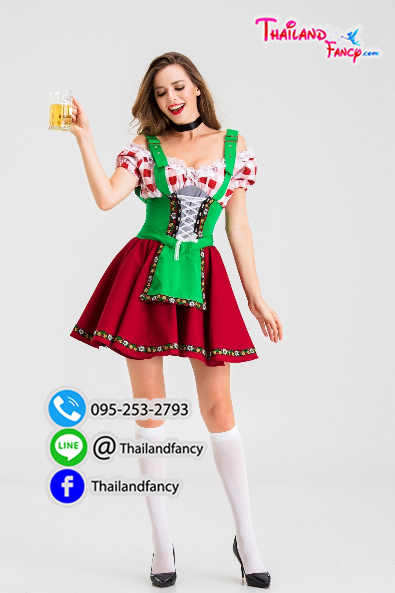 ชุดแฟนซีบาวาเรีย ชุดเชียร์เบียร์ ชุดสาวเสิร์ฟ Oktoberfest Beer Cosplay ชุดปาร์ตี้อ็อคโทเบอร์เฟส ชุดแม่บ้านลายสก็อตแดงผ้ากันเปื้อนเอี๊ยมเขียว