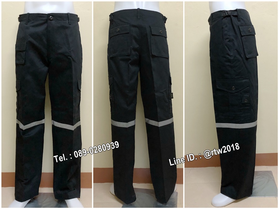 รหัส B4 : กางเกงช่างผ้าเวสปอยท์ทรงทหาร 7 กระเป๋า สีดำติดสะท้อนแสง