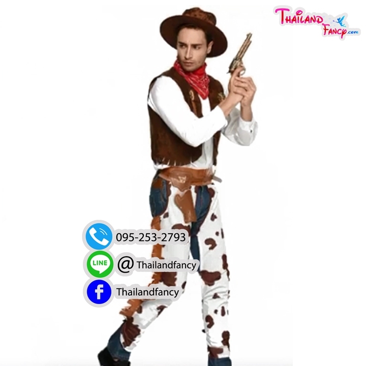 ชุดแฟนซีชาย Cowboy Cosplay ชุดคนเลี้ยงวัว ชุดโคบาล ชุดคาวบอยผู้ชาย ชุดสไตล์คาวบอยสีขาวน้ำตาลลายวัวพร้อมเสื้อกั๊ก